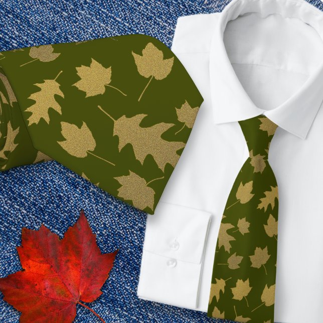 Olive Green Leaf Pattern Mens Tie (Creator Uploaded)