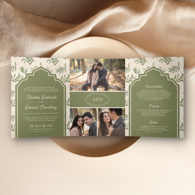 Olive Green Leaves All in One Indian Wedding Tri-Fold Invitation (Creator Uploaded)