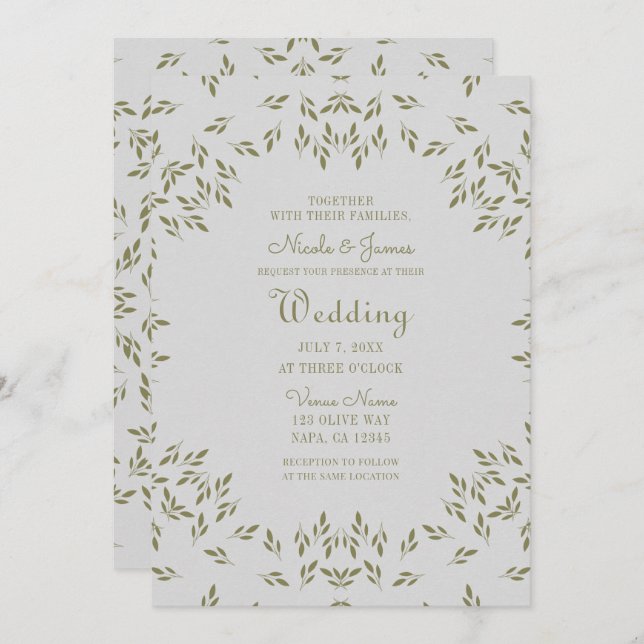Olive Green Leaves Natural Oatmeal Rustic Wedding Invitation (Front/Back)
