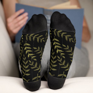 Olive green leaves pattern on white socks