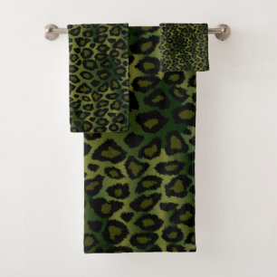 Olive Green Leopard Pattern Bath Towel Set
