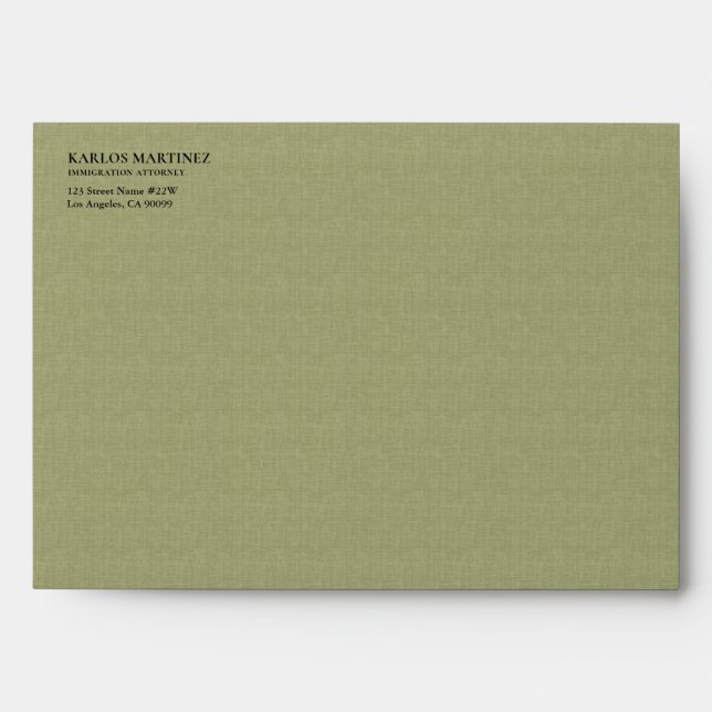 Olive Green Linen Immigration Attorney Envelope (Front)