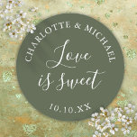 Olive Green Love Is Sweet Wedding Favor  Classic Round Sticker<br><div class="desc">Olive green wedding favor love is sweet classic round sticker. Designed by Thisisnotme©</div>