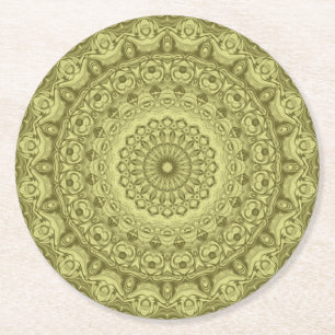 Olive Green Mandala Pattern Design Round Paper Coaster