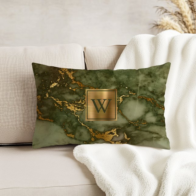 Olive Green Marble Faux Gold Foil Monogram Decorative Cushion (Creator Uploaded)