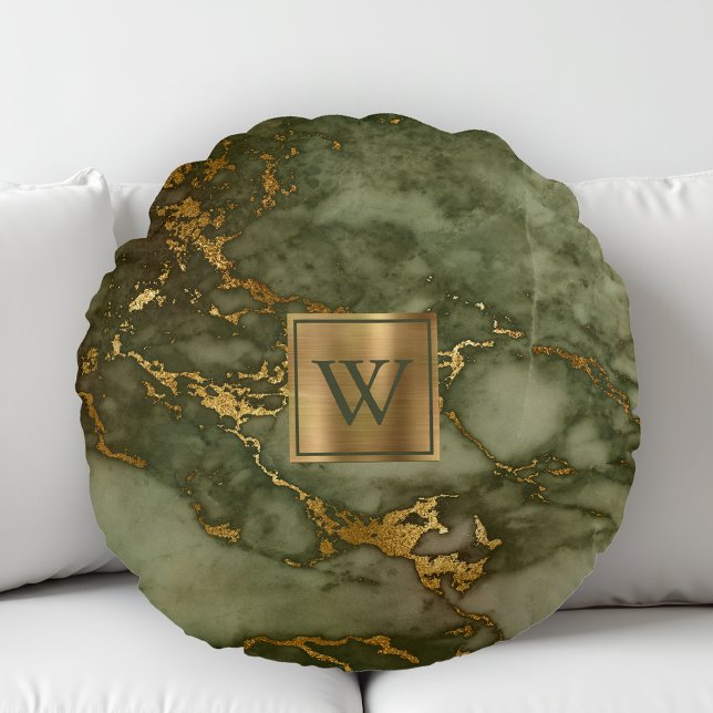 Olive Green Marble Faux Gold Foil Monogram Round Cushion (Creator Uploaded)