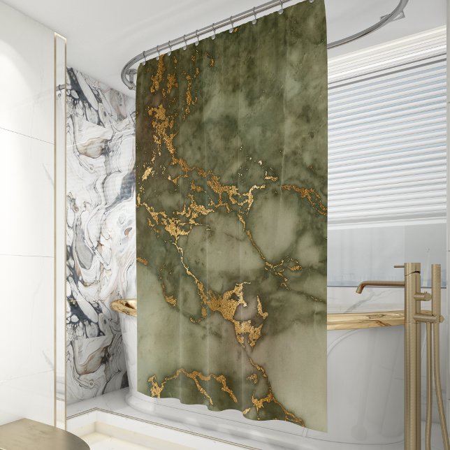 Olive Green Marble Faux Gold Foil Shower Curtain (Creator Uploaded)