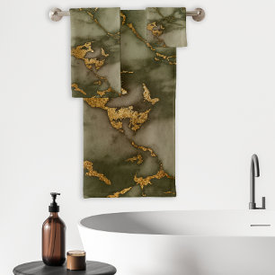 Olive Green Marble Gold Faux Foil Bath Towel Set