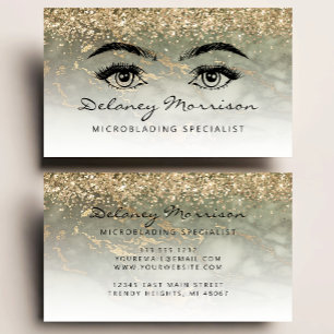 Olive Green Marble Gold Glitter Eyes Microblading Business Card