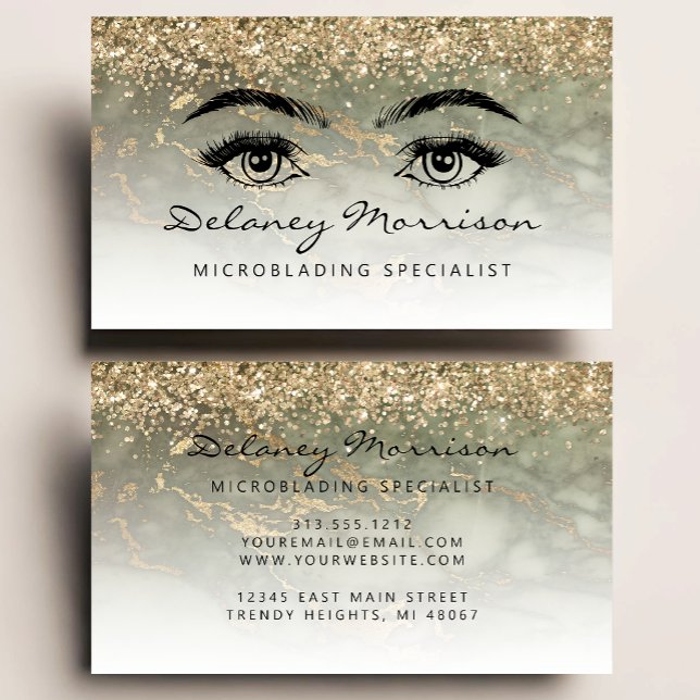 Olive Green Marble Gold Glitter Eyes Microblading Business Card (Creator Uploaded)