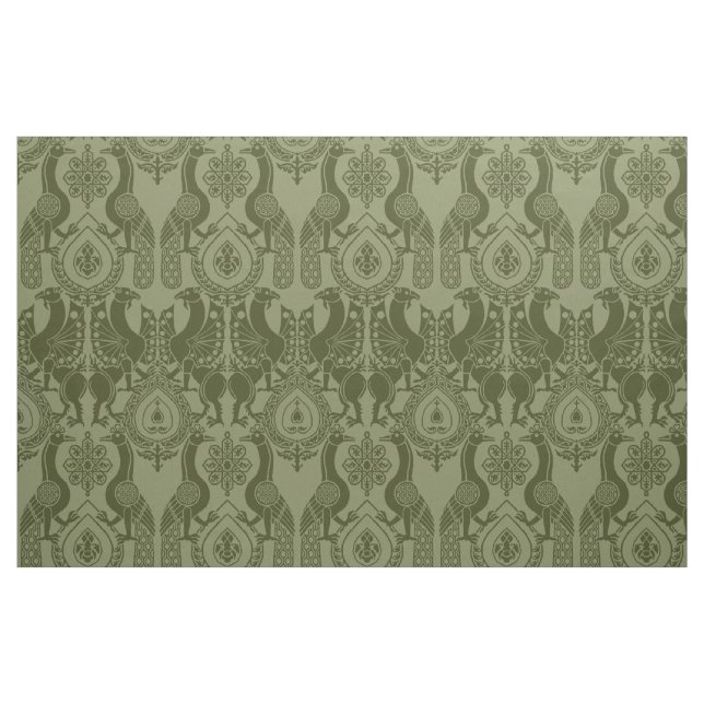 Olive Green Mediaeval Peacocks and Dragons Fabric (Fat Quarter)
