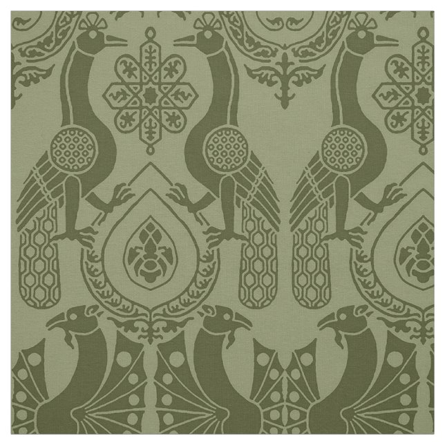 Olive Green Mediaeval Peacocks and Dragons Fabric (Swatch)