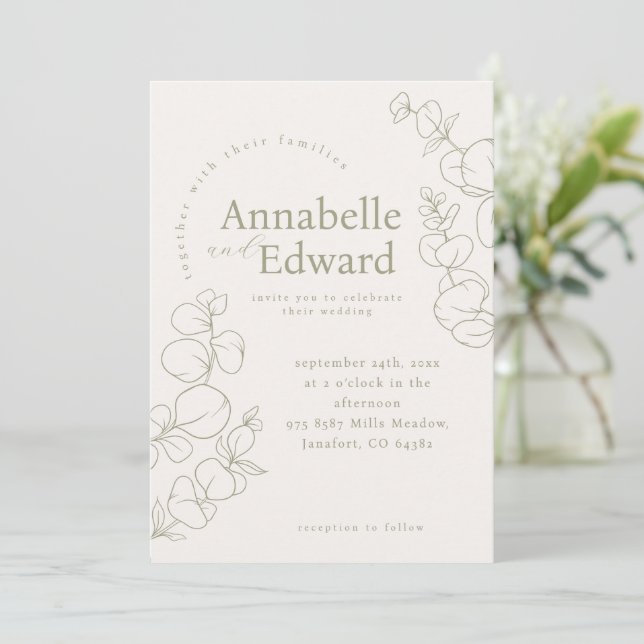 Olive Green Minimalist Botanical Wedding  Invitation (Standing Front)