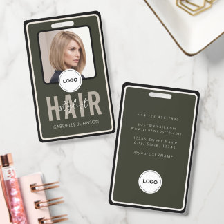 Olive Green Minimalist Hair Stylist Photo ID Badge