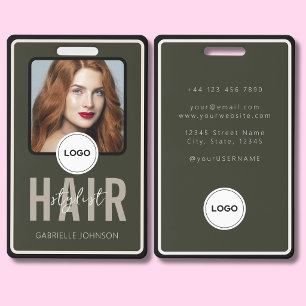Olive Green Minimalist Hair Stylist Photo ID Badge