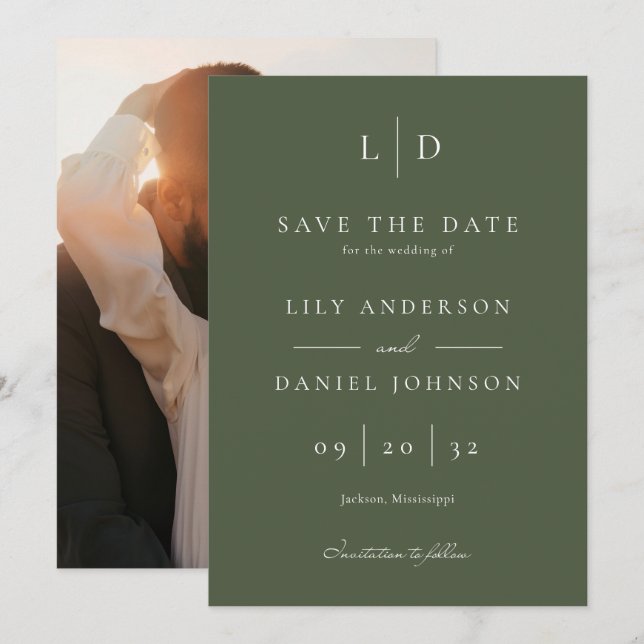 Olive Green Minimalist Monogram Photo Wedding Save The Date (Front/Back)