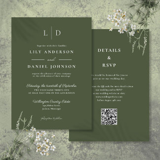 Olive Green Minimalist Monogram QR Code Wedding Invitation