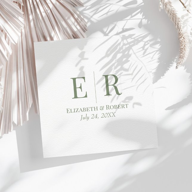 Olive Green Minimalist Monogram Wedding Napkin (Olive Green Minimalist Monogram Wedding Napkins on a sunny table with neutral dry flowers.)
