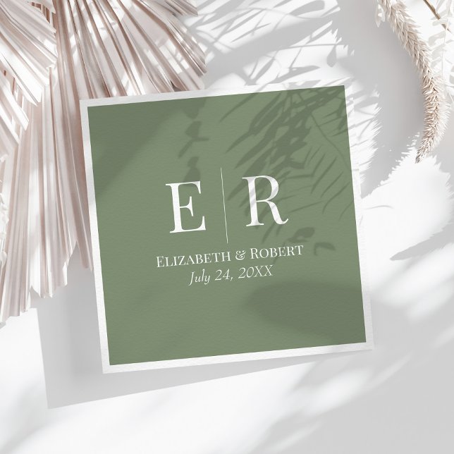 Olive Green Minimalist Monogram Wedding Napkin (Olive Green Minimalist Monogram Wedding Napkins on a sunny white table with neutral dry flowers.)