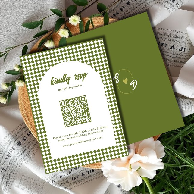 Olive green Minimalist Retro Checker Arch Wedding RSVP Card (Creator Uploaded)