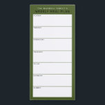 Olive Green Minimalist Simple Family Meal Planning Magnetic Notepad<br><div class="desc">Write your dinners on this magnetic note pad for an easy way to plan out the week's meals and stick it up on your fridge, pantry door or command centre. The simple, modern layout in earth olive green, black and white with sans serif fonts will appeal to every visually organised...</div>