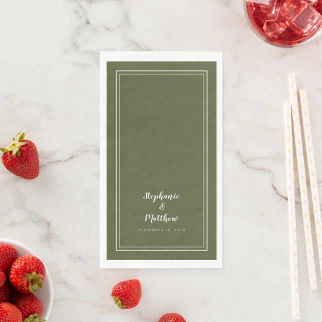 Olive Green Minimalist Wedding Names Date Napkin (Insitu)