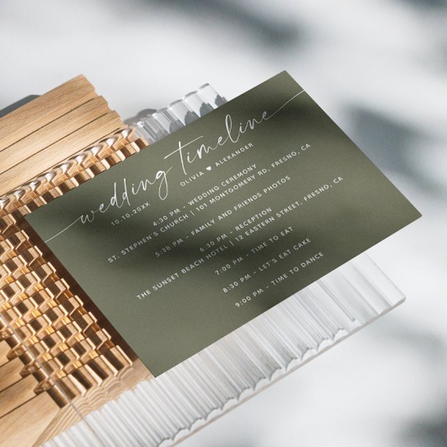 Olive green minimalist wedding party timeline invitation (Creator Uploaded)