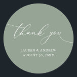 Olive Green Minimalist Wedding Thank You Classic Round Sticker<br><div class="desc">Our modern minimalist thank you sticker/seal has "thank you" written in modern calligraphy script and can be fully customised with your name,  dates and background colour. Made to match our Purple Plum Modern Minimalist Wedding Suite.</div>