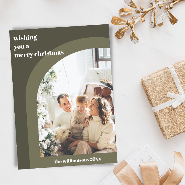 Olive Green Modern Arch Two Vertical Photo  Holiday Card (Creator Uploaded)