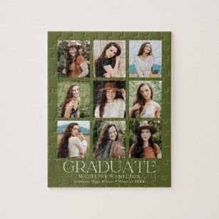 Olive Green Modern Grid 9 Photo Collage Graduation Jigsaw Puzzle
