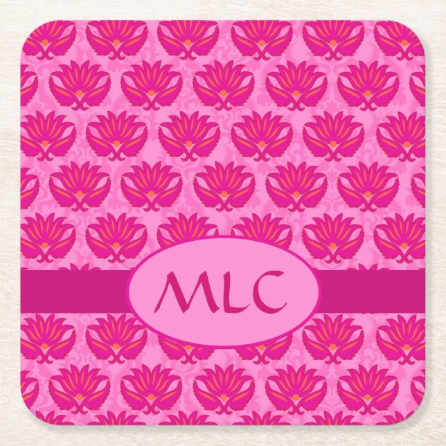 Olive Green Modern Paisley Pattern Monogram Square Paper Coaster (Front)