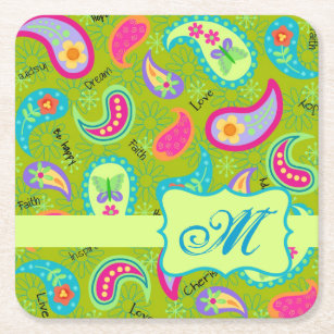 Olive Green Modern Paisley Pattern Monogram Square Paper Coaster