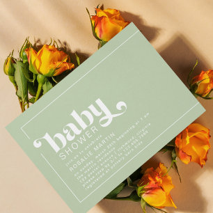 Olive Green   Modern Retro Neutral Baby Shower Invitation