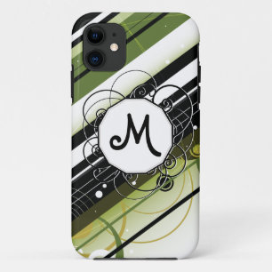 Olive Green Modern-Retro Stripes with Monogram iPhone 11 Case