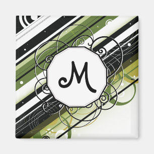 Olive Green Modern-Retro Stripes with Monogram Magnet