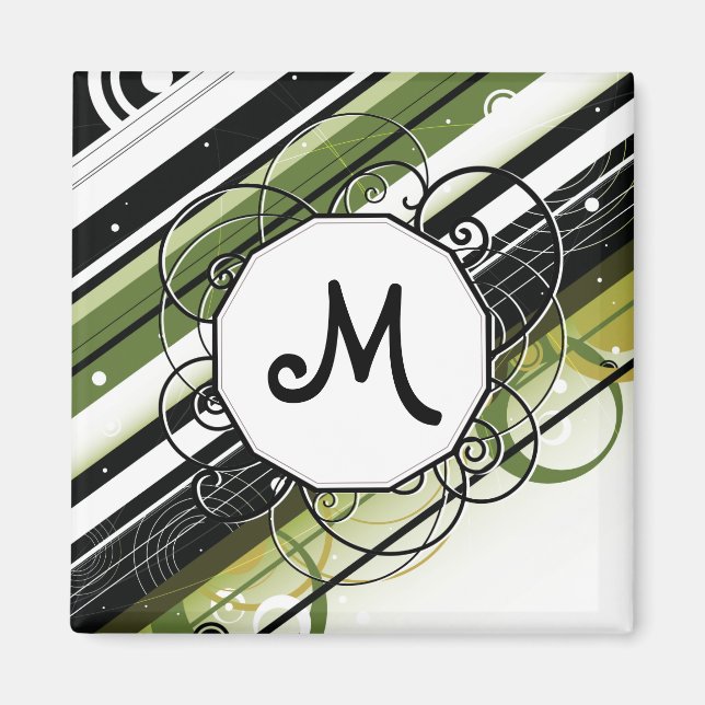 Olive Green Modern-Retro Stripes with Monogram Magnet (Front)