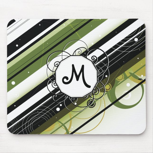 Olive Green Modern-Retro Stripes with Monogram Mouse Pad (Front)