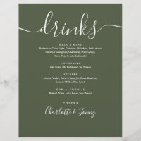 Olive Green Modern Script Wedding Drinks Menu