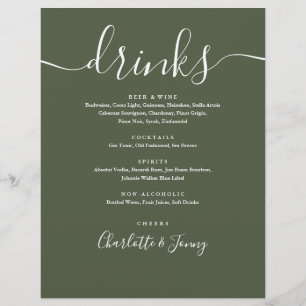 Olive Green Modern Script Wedding Drinks Menu