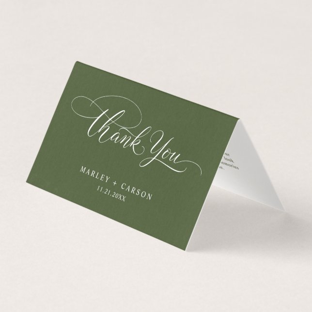 Olive Green Modern Script Wedding Folded Thank You (Front)