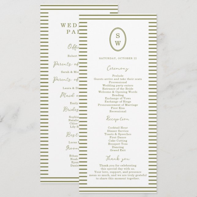 Olive Green Modern Wedding Program Card (Front/Back)