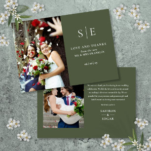 Olive Green Monogram 2 Photo Wedding Thank You Card