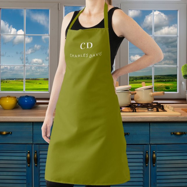 Olive green monogram name business apron (Creator Uploaded)
