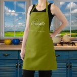 Olive green monogram name business  apron<br><div class="desc">Olive green coloured background. Personalise and add your first name,  monogram initials and full name.  Use your back space key to delete if you want the apron without your full name.</div>