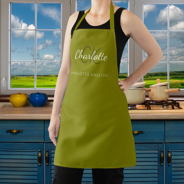 Olive green monogram name business  apron (Creator Uploaded)
