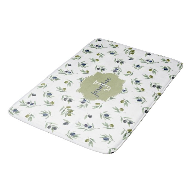 Olive Green Monogram Name Watercolor Chic Pattern Bath Mat (Angled)