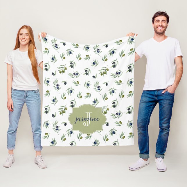Olive Green Monogram Name Watercolor Chic Pattern Fleece Blanket (In Situ)
