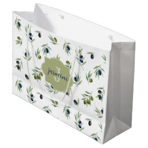 Olive Green Monogram Name Watercolor Chic Pattern Large Gift Bag