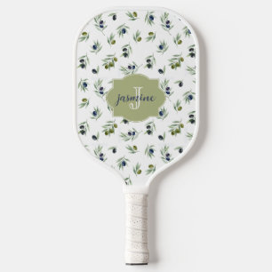 Olive Green Monogram Name Watercolor Chic Pattern Pickleball Paddle