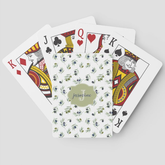 Olive Green Monogram Name Watercolor Chic Pattern Playing Cards (Back)